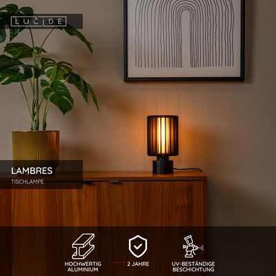 Lucide LAMBRES - Tischlampe - Ø 15 cm - 1xE27 - Schwarz